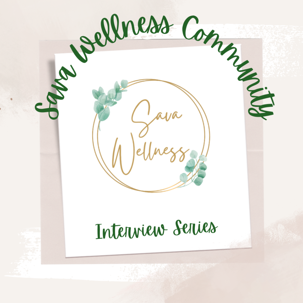 The words “Sava Wellness Community” are written in green cursive script over top of a polaroid picture. The polaroid picture is sitting on top of multiple layers of pink, cream, and white watercolour background. Inside is the logo of Sava Wellness which is a Wellness business that brings Comfort from Chronic Illness.