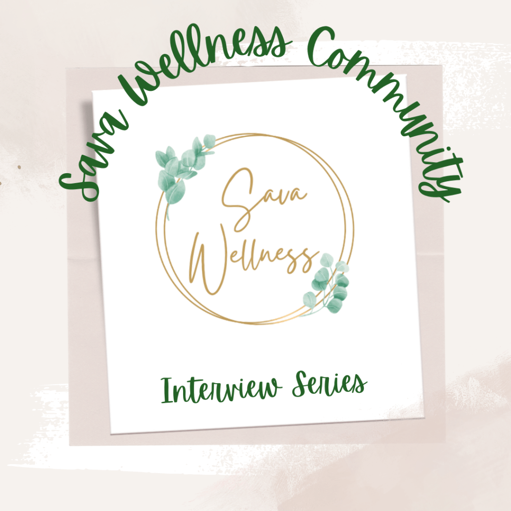The words “Sava Wellness Community” are written in green cursive script over top of a polaroid picture. The polaroid picture is sitting on top of multiple layers of pink, cream, and white watercolour background. Inside is the logo of Sava Wellness which is a Wellness business that brings Comfort from Chronic Illness.